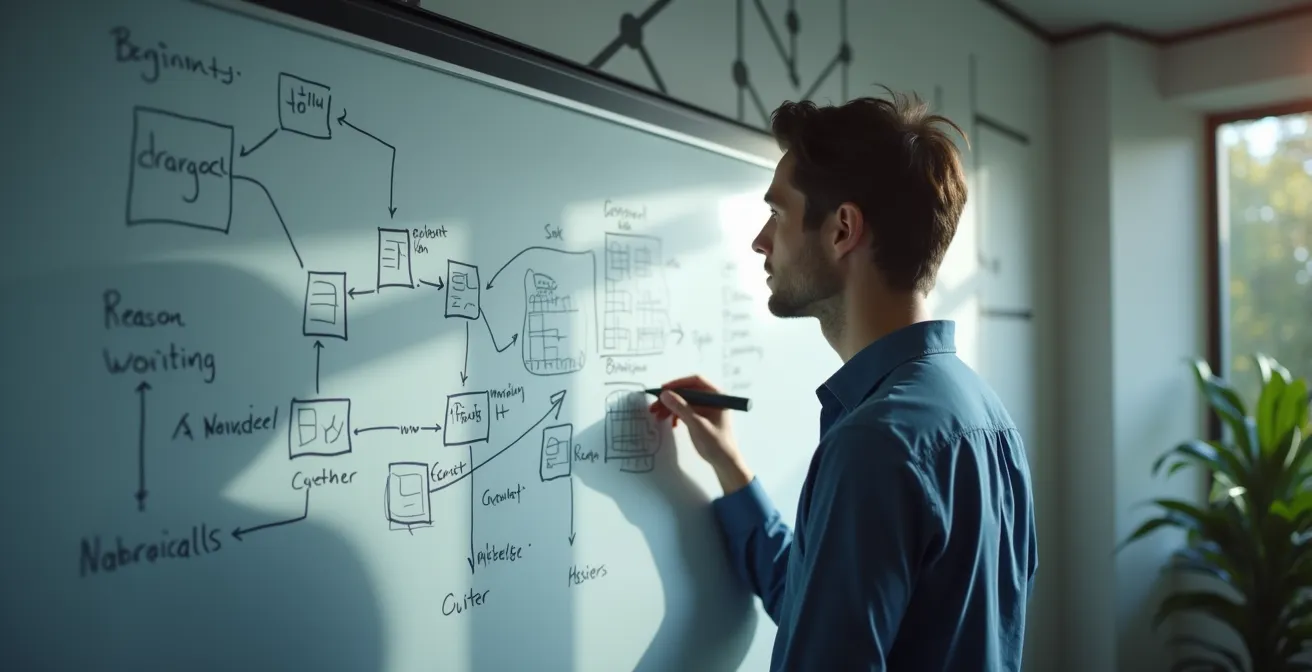 Candidat en train de résoudre un cas pratique devant un tableau blanc lors d'un entretien