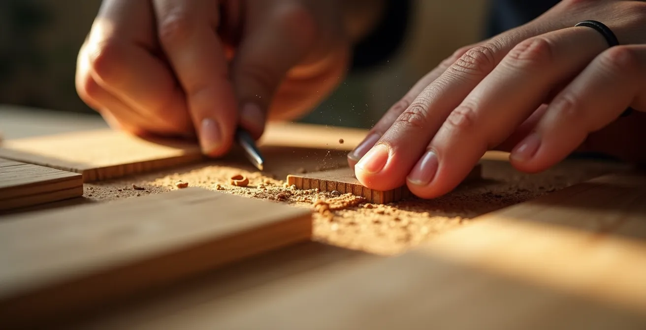 Vue macro de mains assemblant délicatement les pièces d'un produit artisanal français