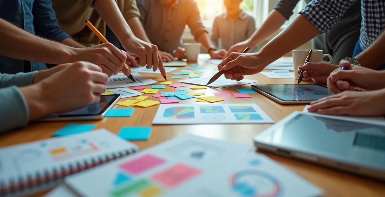 Vue aérienne d'une table ronde avec plusieurs personnes travaillant ensemble sur des documents et tablettes