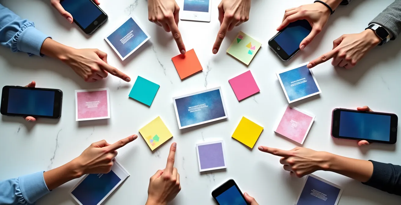 Écrans multiples montrant des messages coordonnés sur différentes plateformes sociales pour le lancement d'une campagne crowdfunding