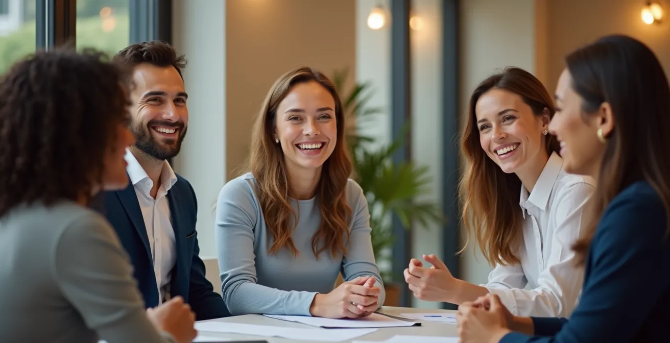 Professionnels échangeant librement dans un environnement ouvert symbolisant la transparence