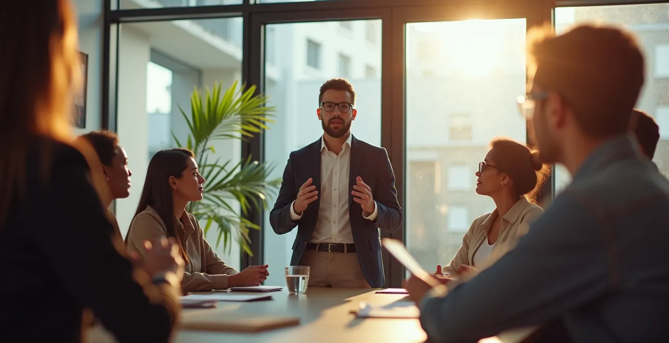 Manager debout face à une équipe assise en demi-cercle, gestuelle expressive, lumière naturelle créant une atmosphère chaleureuse