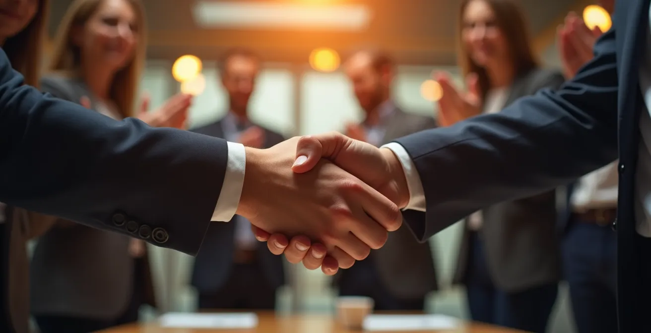 Manager félicitant chaleureusement un collaborateur devant l'équipe dans un espace de travail français