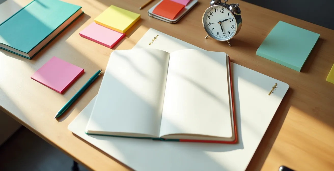 Vue en plongée d'un bureau organisé avec agenda et outils de planification