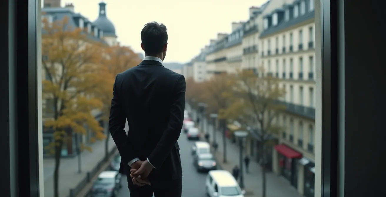 Manager en posture de réflexion devant une fenêtre donnant sur la ville