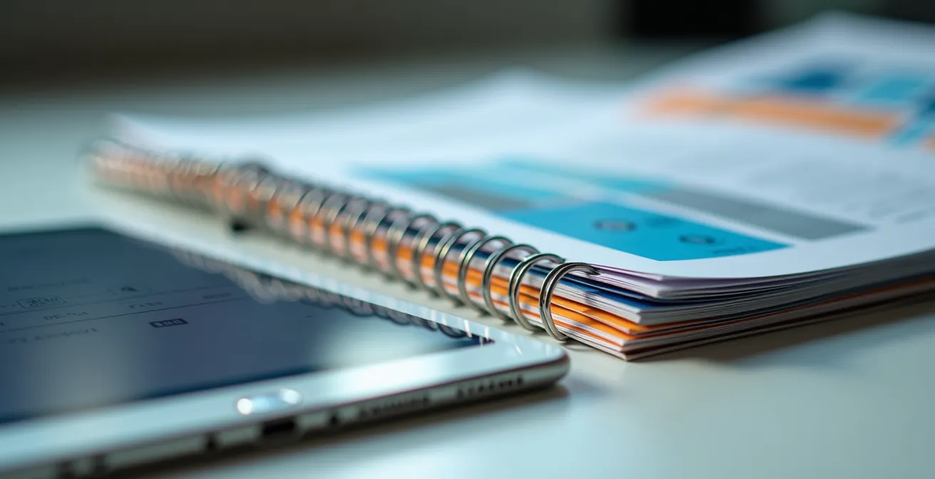 Photographie macro d'un manuel de franchise avec des onglets colorés et une tablette numérique montrant des graphiques abstraits