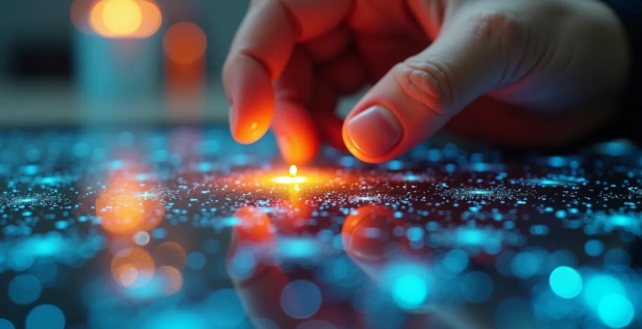 Vue macro d'une main traçant des connexions sur une surface réfléchissante avec des reflets colorés représentant les émotions