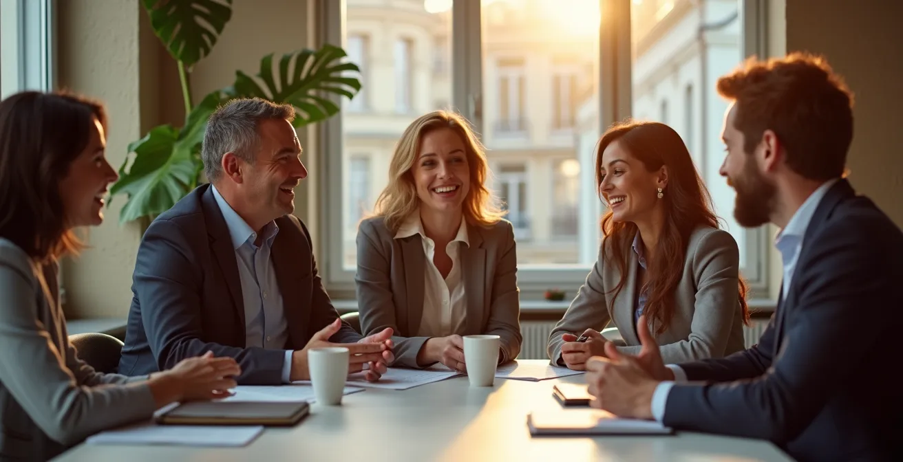 Équipe de professionnels en réunion de travail collaboratif autour d'objectifs communs