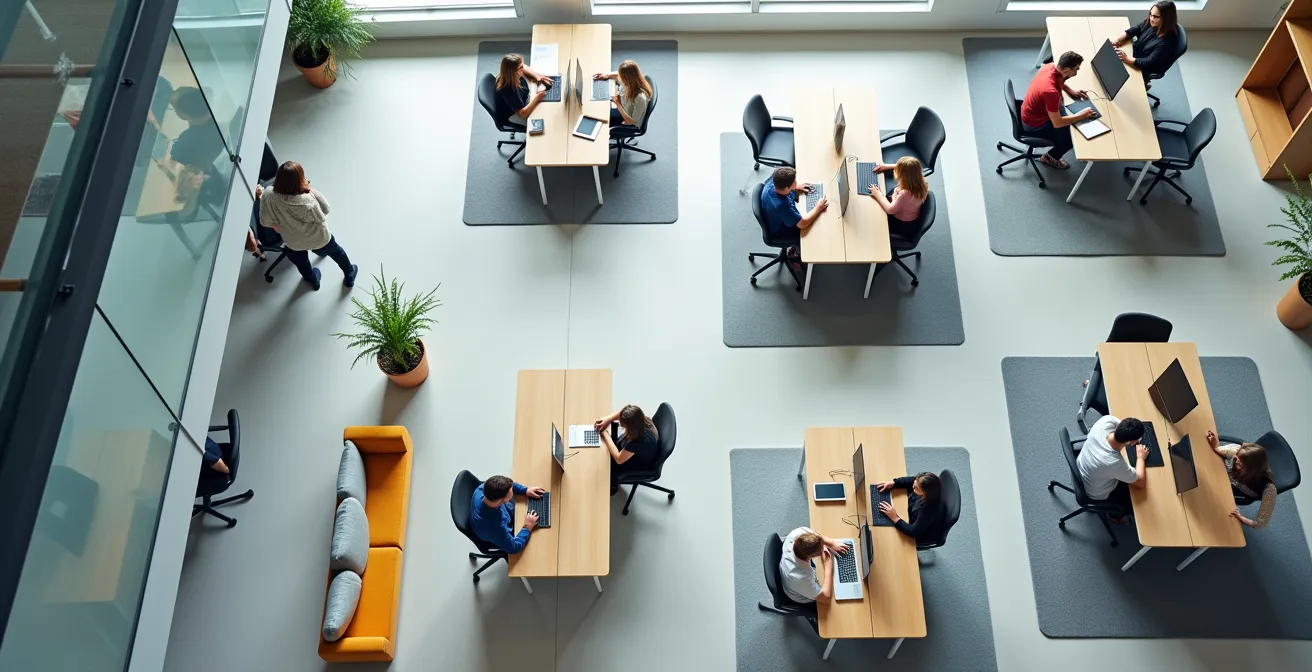 Vue aérienne d'un espace de travail moderne avec différentes zones représentant les rôles commerciaux spécialisés comme SDR, AE et CSM