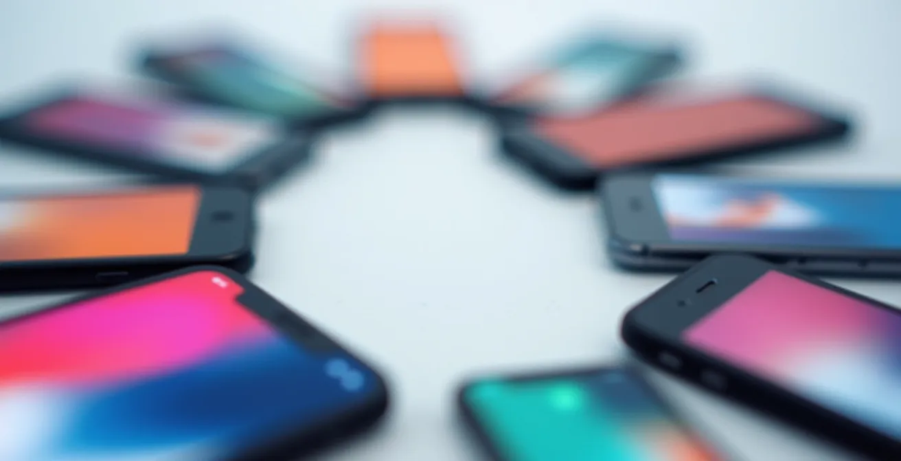 Composition macro d'écrans de smartphones et tablettes disposés en cercle montrant différentes interfaces floues, avec un espace central vide symbolisant l'équilibre