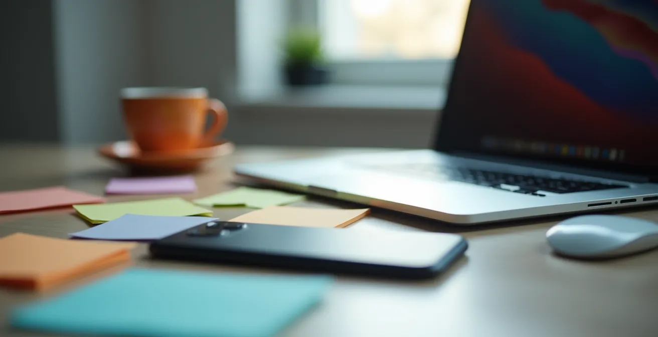 Bureau avec ordinateur portable montrant des outils numériques, vue de côté avec écran flou