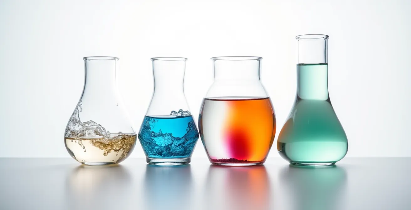 Représentation visuelle métaphorique des phases de développement d'une équipe avec quatre verres montrant l'évolution d'un liquide