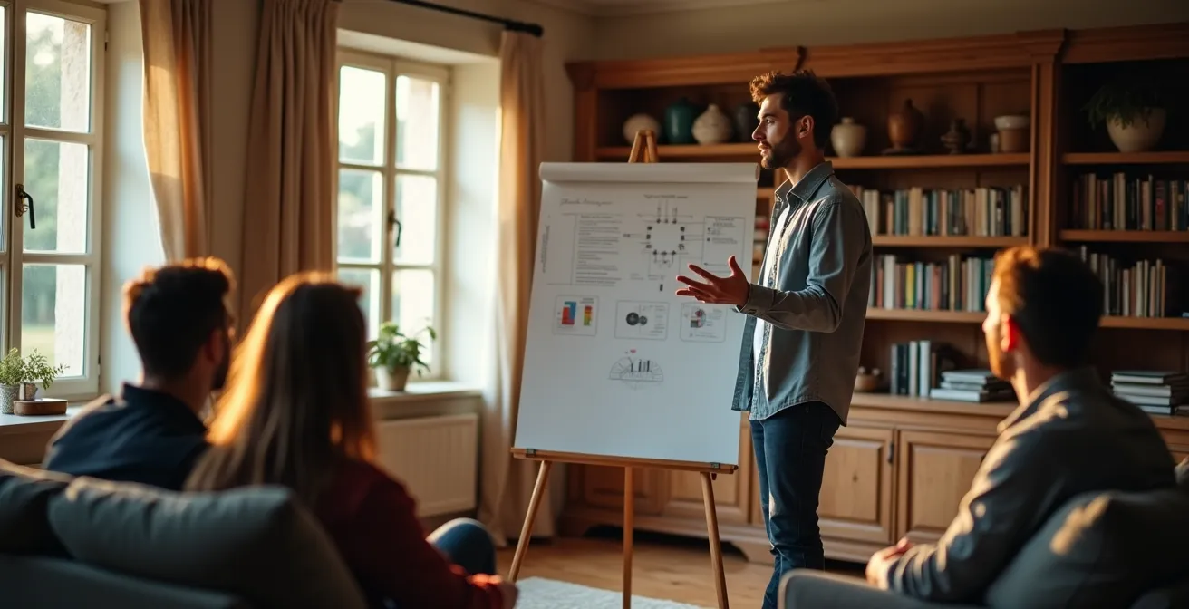 Entrepreneur présentant son projet avec enthousiasme à sa famille dans un salon convivial