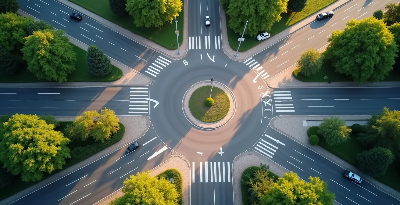 Perspective minimaliste d'un carrefour routier vu d'en haut avec plusieurs chemins possibles dans un environnement urbain