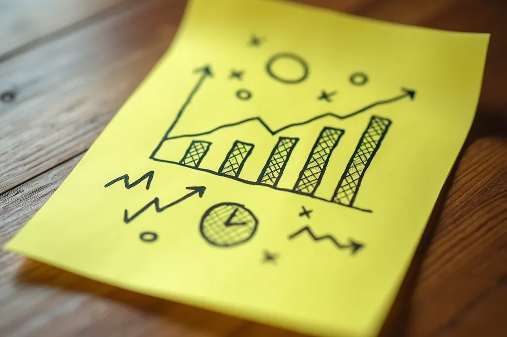 Vue macro d'un post-it jaune avec des symboles visuels représentant des indicateurs de performance