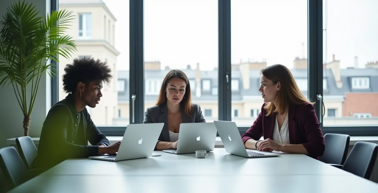 Vue large d'une salle de réunion moderne avec équipe analysant des résultats