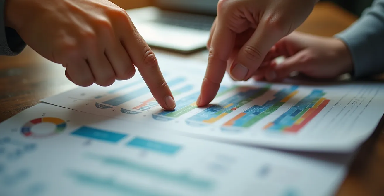 Réunion d'équipe avec ambiance positive et constructive autour d'indicateurs de performance