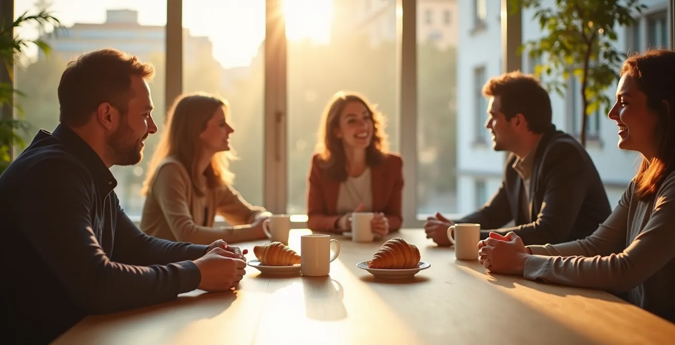 Moment convivial d'équipe autour d'un café-croissant dans un espace de pause lumineux