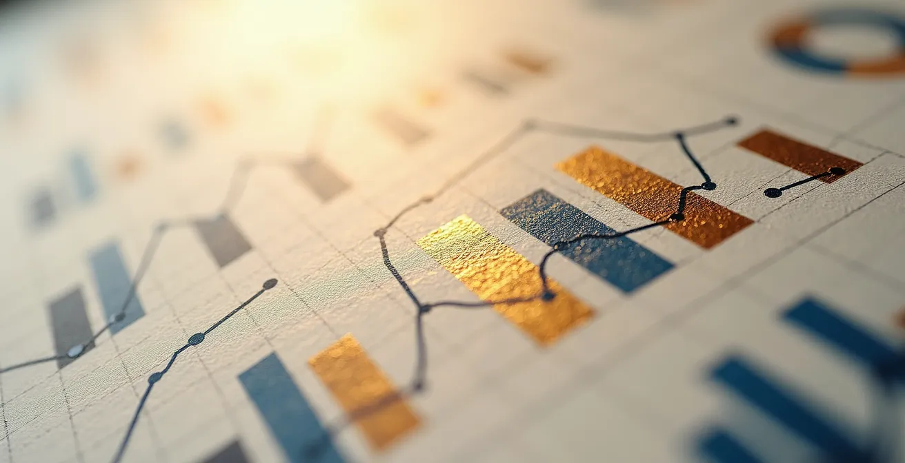 Vue macro d'un tableau de bord financier avec textures de papier et graphiques abstraits