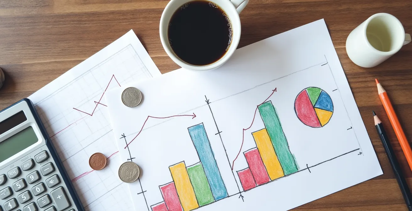 Vue aérienne d'un bureau avec documents financiers et calculatrice, sans texte visible