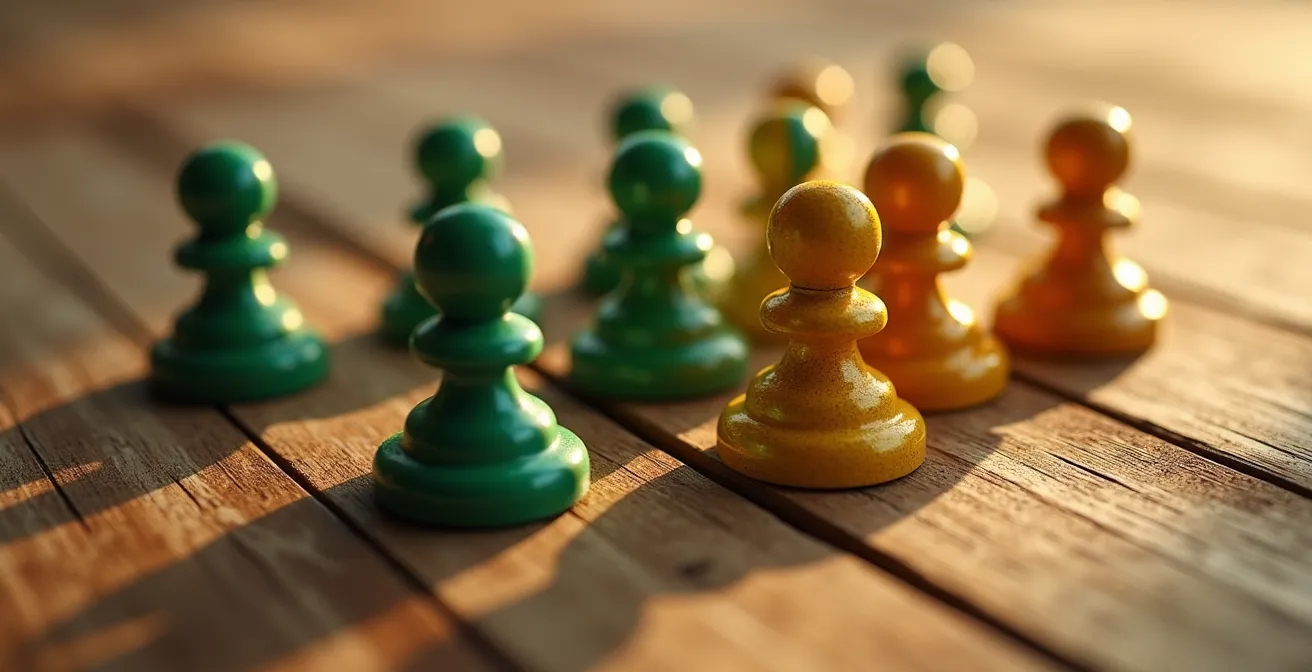 Pièces de jeu colorées progressant sur un plateau, symbolisant l'atteinte d'objectifs commerciaux