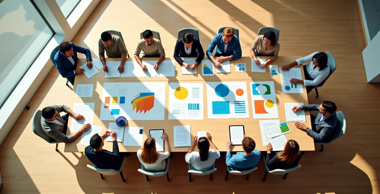 Vue aérienne d'une équipe travaillant autour d'une grande table avec des éléments visuels représentant la croissance